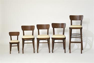 Line from a children's chair to three sizes of Nico P dining chairs - S, M, L to a bar stool