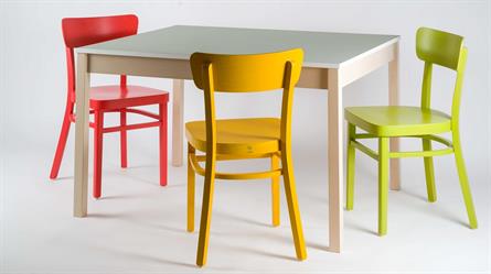 Dining chair Nico 1196, chairs for school or hospital canteens & Karpov special table, pastel wood stain colors. Czech production of Sádlík chairs