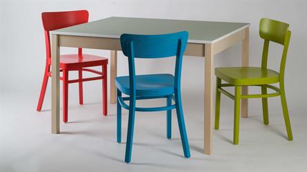 Dining chair Nico 1196, chairs for school or hospital canteens & Karpov special table, pastel wood stain colors. Czech production of Sádlík chairs