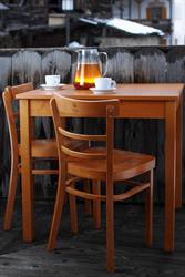 židle 1192 Marona, barva moření 12, restaurační stůl Karpov, Sassolungo Val Gardena, Italy,Restaurační stůl Karpov, barva buk přírodní, židle 2192 MARONA, barva moření 12, čalounění zelenou koženkou, Sádlík český výrobce nábytku