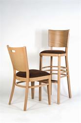Barová židle Linetta P Bar 6194 a jídelní křesílko Arol P 2197 s otvortem v opěrce 1G, barva moření bardolino přírodní, látka Magnus 44, český výrobce nábytku Sádlík