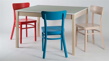 Dining chair Nico 1196, chairs for school or hospital canteens & Karpov special table, pastel wood stain colors. Czech production of Sádlík chairs