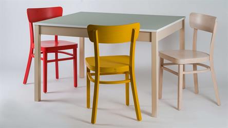 Dining chair Nico 1196, chairs for school or hospital canteens & Karpov special table, pastel wood stain colors. Czech production of Sádlík chairs