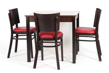 Jídelní set tvoří židle do restaurace 2194 Linetta P, barva moření standard - 4, čalounění kožena standard - Bruno 62 + jídelní stůl Karpov, laminovaný stůl v barvě moření standard - 4. Nábytek od českého výrobce Sádlík.