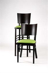 Jídelní židlička dřevěná a židle do hospody Linetta P 2194 + barová židle Linetta Bar P 6194, barva moření standard - 4, čalounění látka zákazníka - koženka Barcelona zelená, pro objednání pište, volejte. Sádlík, český výrobce nábytku.