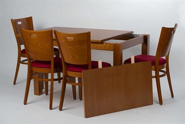dřevěná židle 2197 AROL P 1G, barva moření standard č.18, látka s nešpinivou úpravou aquaclean Acapulco 305,  masivní stůl TOPALOV s bočním rozkladem, od českého výrobce ohýbaného nábytku Sádlík