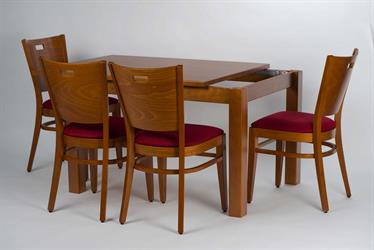 dřevěná židle 2197 AROL P 1G, barva moření standard č.18, látka s nešpinivou úpravou aquaclean Acapulco 305,  masivní stůl TOPALOV s bočním rozkladem od českého výrobce ohýbaného nábytku Sádlík