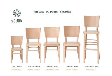 Modelová řada masivní bukové židle Linetta, řadu tvoří dřevěná židle pro děti, kuchyňská židle velikost S, M, L a barová židle, barva moření standard - přírodní. Český výrobce nábytku, Sádlík